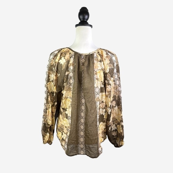 Free People Elena Printed Top Size XS Floral Relaxed Fit Tie Front Brown Multi - Picture 6 of 10